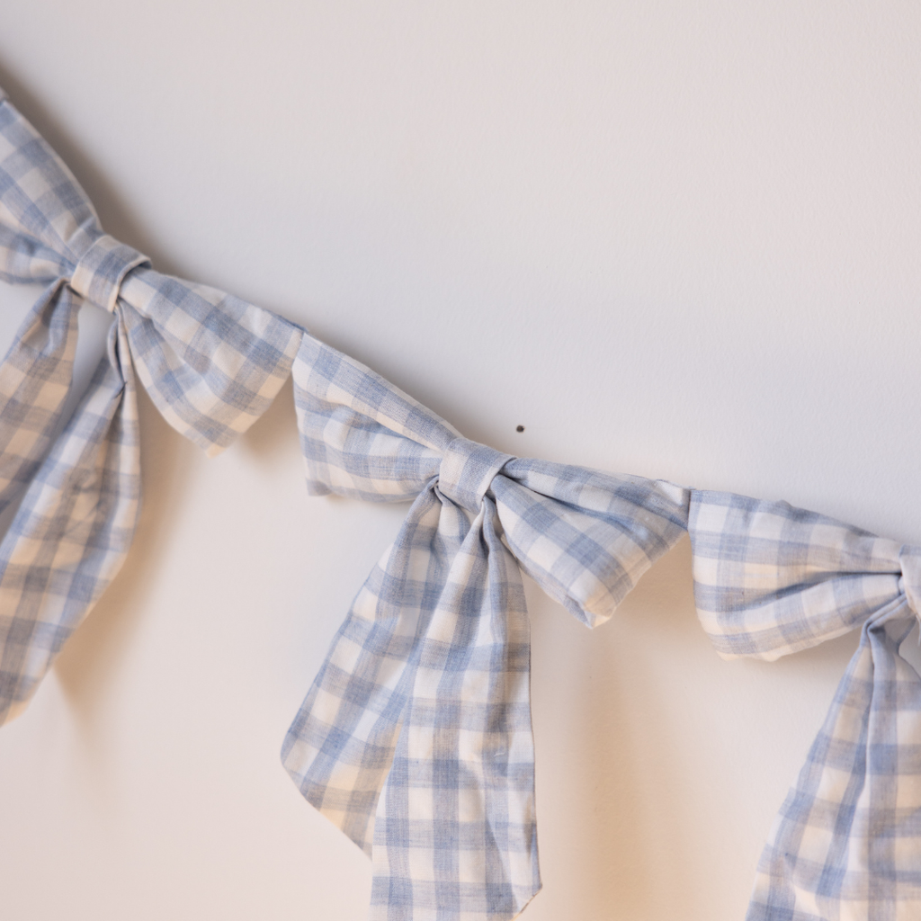 Baby Blue Gingham Fabric Bows Garland