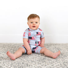 Cargar imagen en el visor de la galería, George Blue Flag Shorty Zip Bamboo Baby 4th of July
