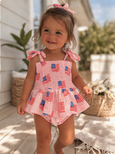 Load image into Gallery viewer, Muslin Smocked Bubble w/ Skirt, American Flag Pink
