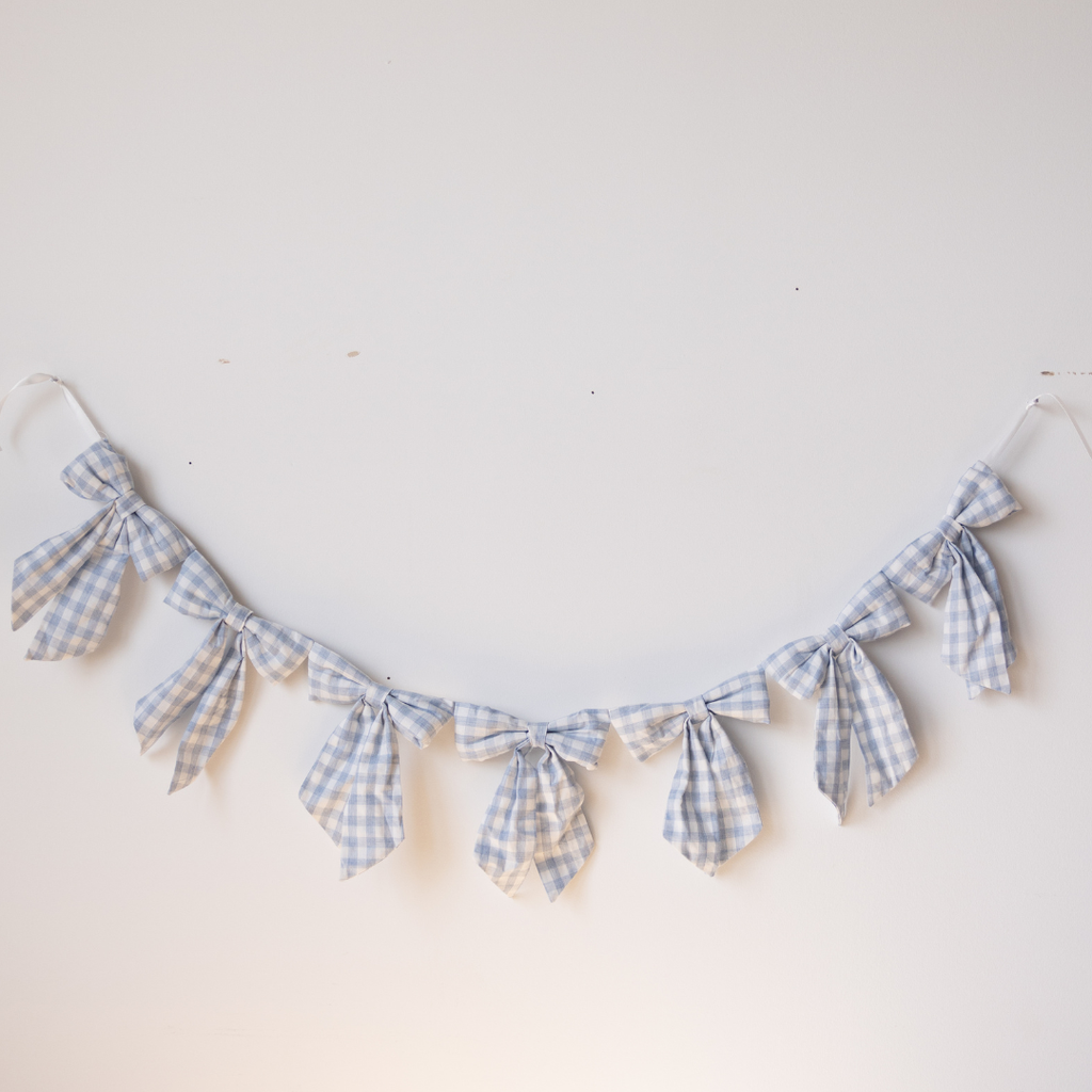 Baby Blue Gingham Fabric Bows Garland