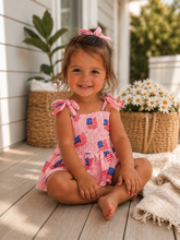 Load image into Gallery viewer, Muslin Smocked Bubble w/ Skirt, American Flag Pink
