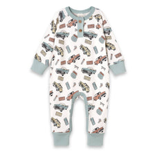 Load image into Gallery viewer, Vintage Car Henley Romper – Bamboo Baby Road Trip Style
