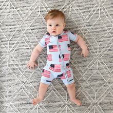 Cargar imagen en el visor de la galería, George Blue Flag Shorty Zip Bamboo Baby 4th of July
