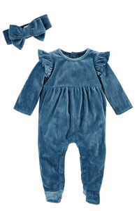 Blue Velour Ribbed Sleeper & Headband