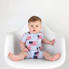 Cargar imagen en el visor de la galería, George Blue Flag Shorty Zip Bamboo Baby 4th of July
