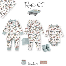 Load image into Gallery viewer, Vintage Car Henley Romper – Bamboo Baby Road Trip Style
