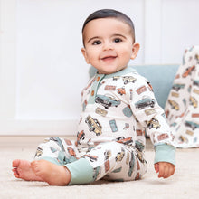 Load image into Gallery viewer, Vintage Car Henley Romper – Bamboo Baby Road Trip Style
